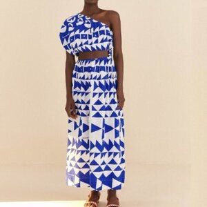 Farm Rio “Pitta Tiles” One‑Shoulder Maxi Dress • NWT • Off‑White / Blue Tile • L